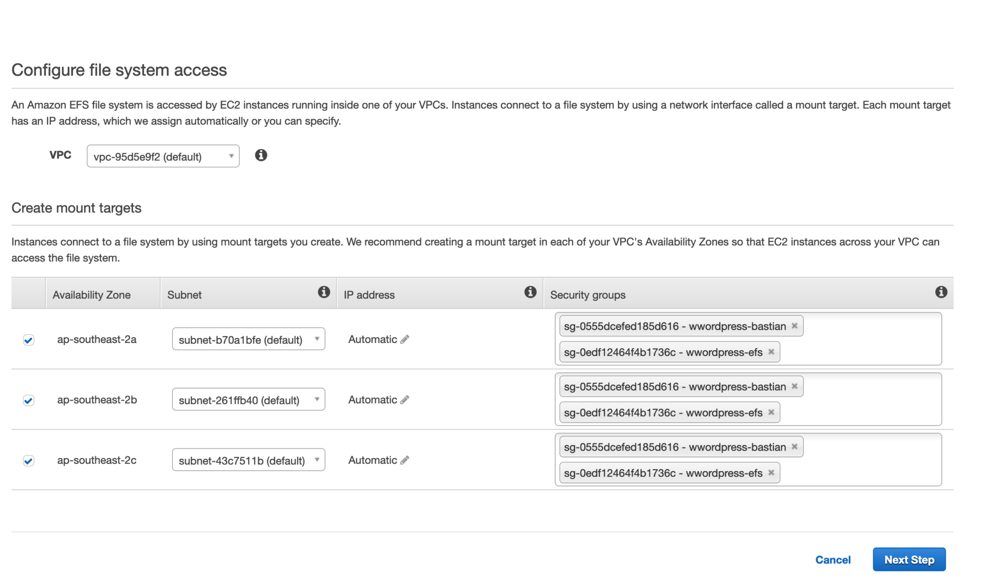 Create AWS EFS (Elastic File System) Plugin storage for WordPress