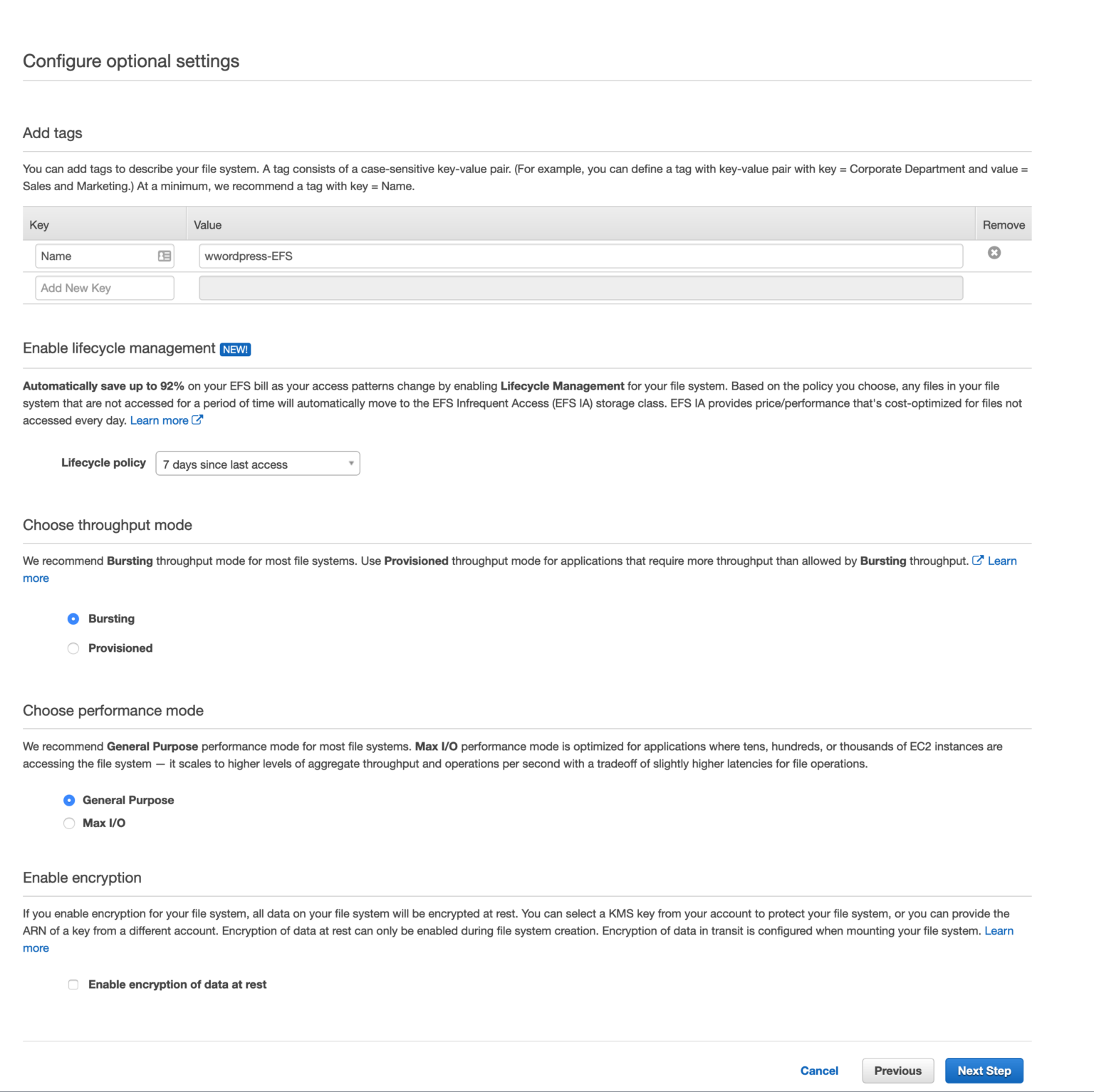 Create AWS EFS (Elastic File System) Plugin storage for WordPress